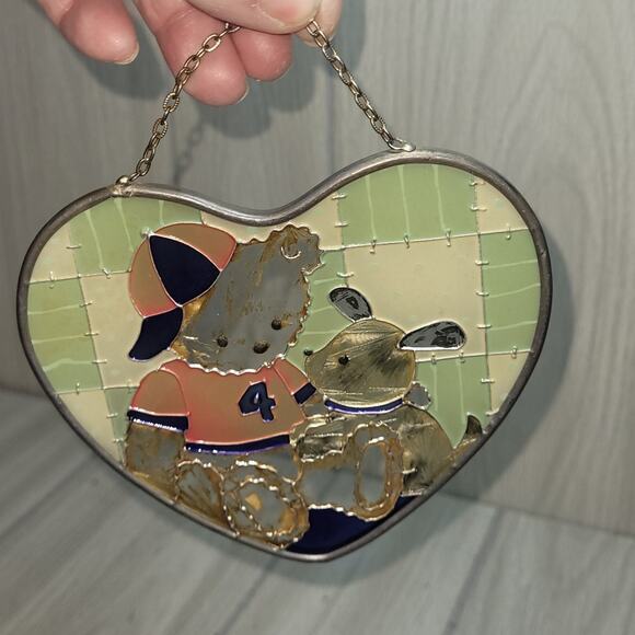Vtg Heart-Shaped Stained Glass Bear & Bunny Sun Catcher Boho Kidcore - Picture 5 of 6